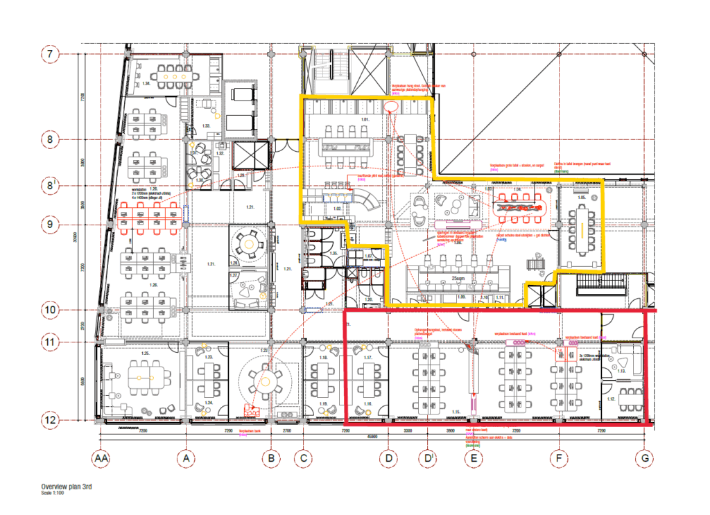 Architectural floor plan of the third floor of the Mr. Treublaan building, showing office spaces, meeting rooms, and shared facilities.